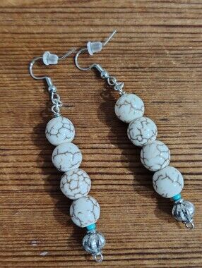 Beaded White & Gold Vein Dangle Earrings - Handmade Ladies Earrings